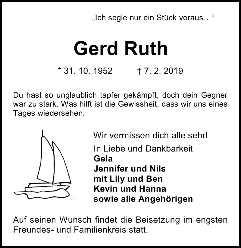  Traueranzeige für Gerd Ruth vom 16.02.2019 aus Kieler Nachrichten