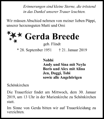 Traueranzeige von Gerda Breede von Kieler Nachrichten