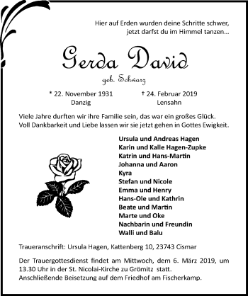 Traueranzeige von Gerda David von Lübecker Nachrichten
