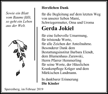 Traueranzeige von Gerda Jokiel von Märkischen Allgemeine Zeitung