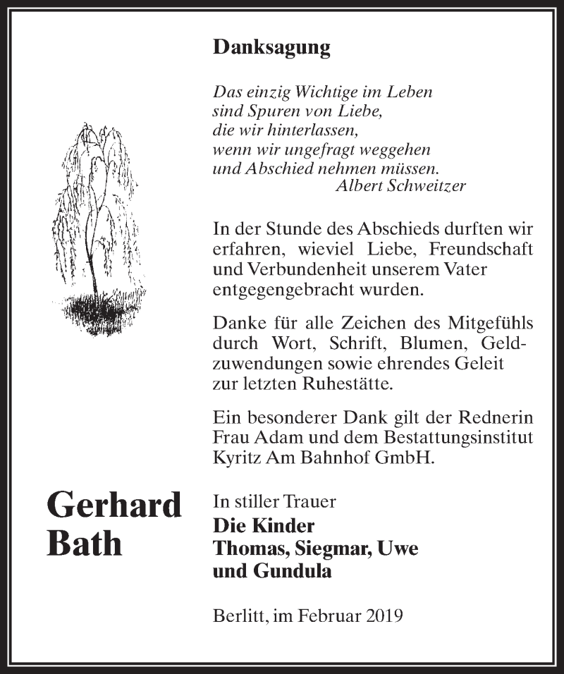  Traueranzeige für Gerhard Bath vom 16.02.2019 aus Märkischen Allgemeine Zeitung