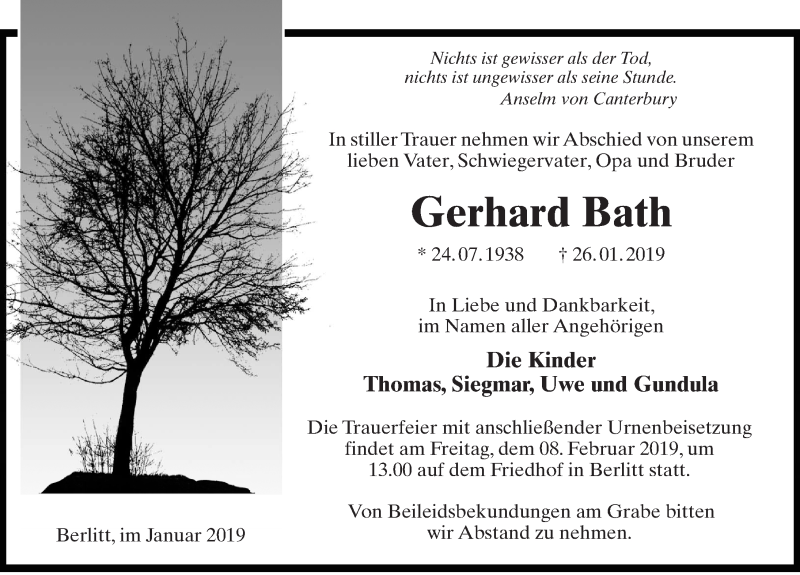  Traueranzeige für Gerhard Bath vom 02.02.2019 aus Märkischen Allgemeine Zeitung