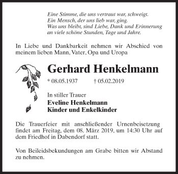 Traueranzeige von Gerhard Henkelmann von Märkischen Allgemeine Zeitung