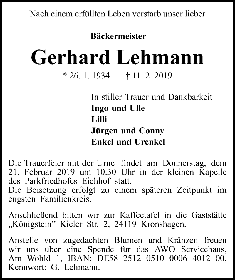  Traueranzeige für Gerhard Lehmann vom 16.02.2019 aus Kieler Nachrichten