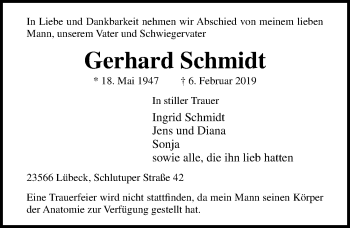 Traueranzeige von Gerhard Schmidt von Lübecker Nachrichten