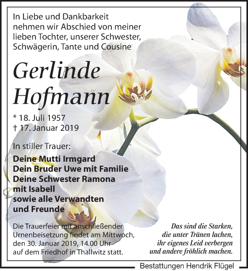  Traueranzeige für Gerlinde Hofmann vom 23.01.2019 aus Leipziger Volkszeitung