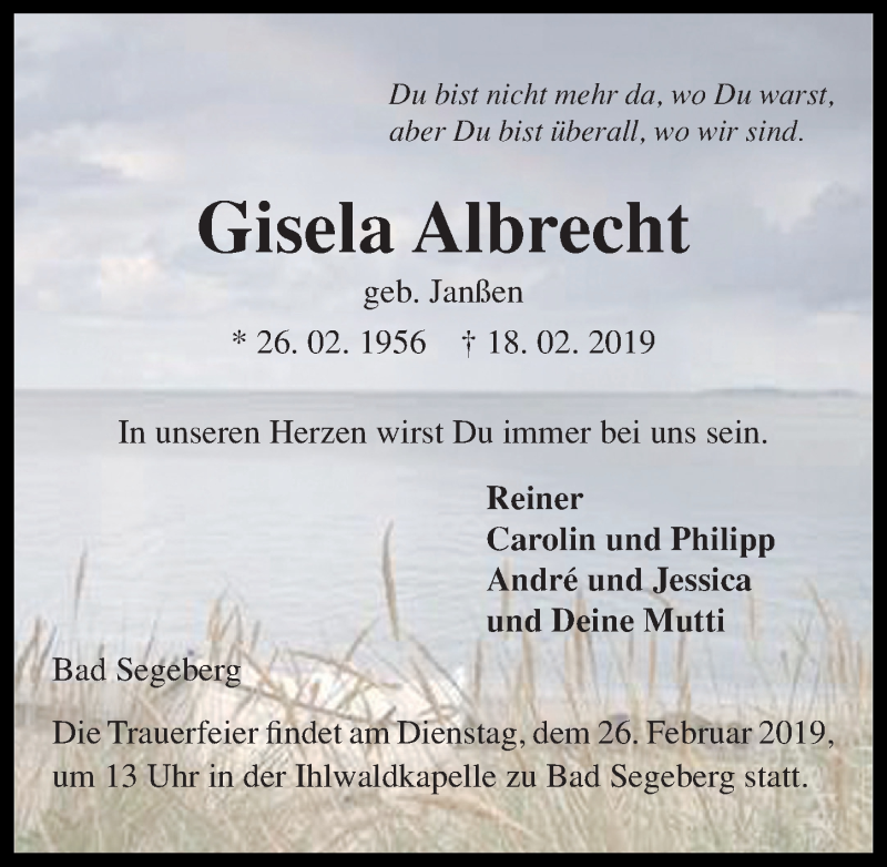  Traueranzeige für Gisela Albrecht vom 23.02.2019 aus Lübecker Nachrichten