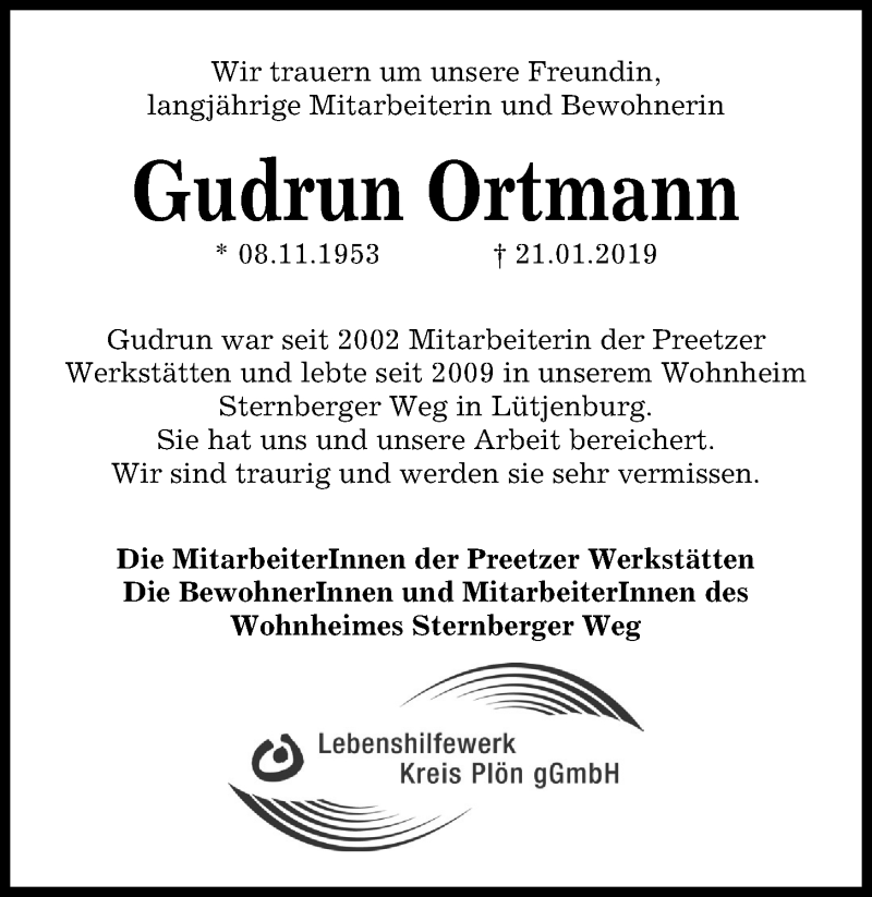  Traueranzeige für Gudrun Ortmann vom 26.01.2019 aus Kieler Nachrichten