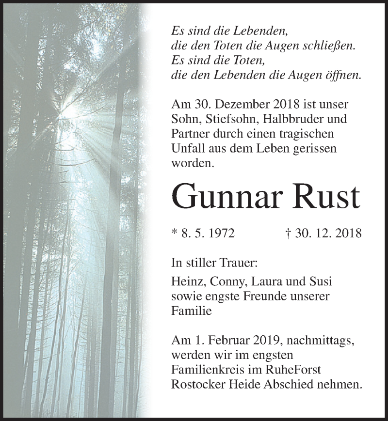  Traueranzeige für Gunnar Rust vom 26.01.2019 aus Ostsee-Zeitung GmbH
