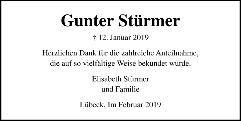  Traueranzeige für Gunter Stürmer vom 24.02.2019 aus Lübecker Nachrichten