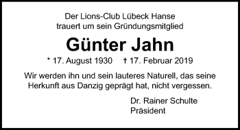 Traueranzeige von Günter Jahn von Lübecker Nachrichten