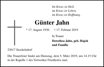 Traueranzeige von Günter Jahn von Lübecker Nachrichten