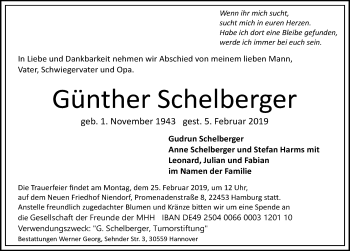 Traueranzeige von Günther Schelberger von Hannoversche Allgemeine Zeitung/Neue Presse