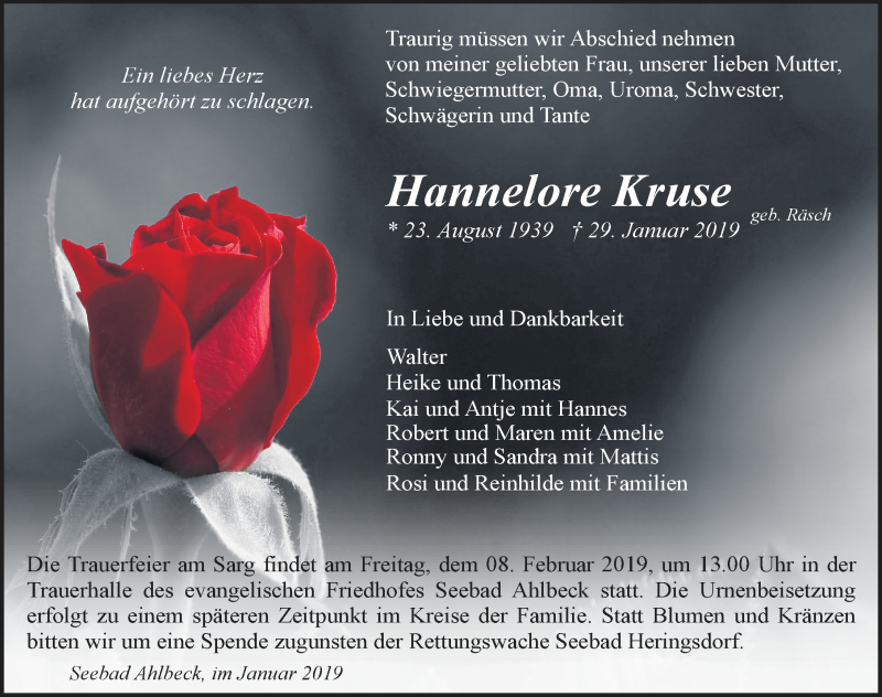  Traueranzeige für Hannelore Kruse vom 02.02.2019 aus Ostsee-Zeitung GmbH