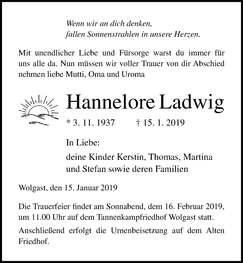  Traueranzeige für Hannelore Ladwig vom 26.01.2019 aus Ostsee-Zeitung GmbH