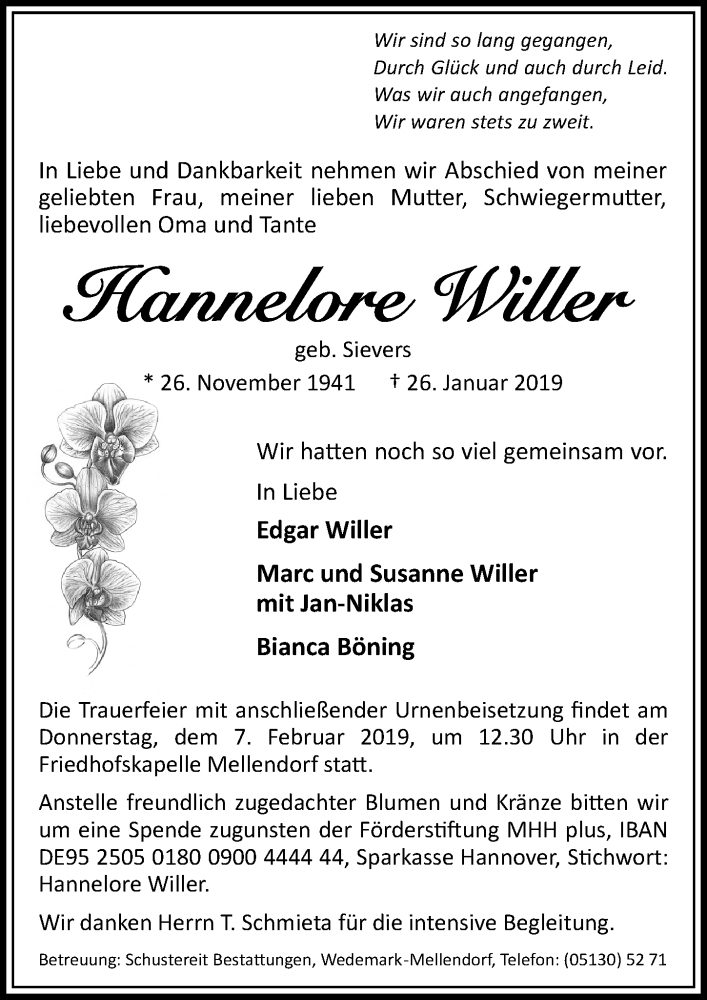  Traueranzeige für Hannelore Willer vom 02.02.2019 aus Hannoversche Allgemeine Zeitung/Neue Presse