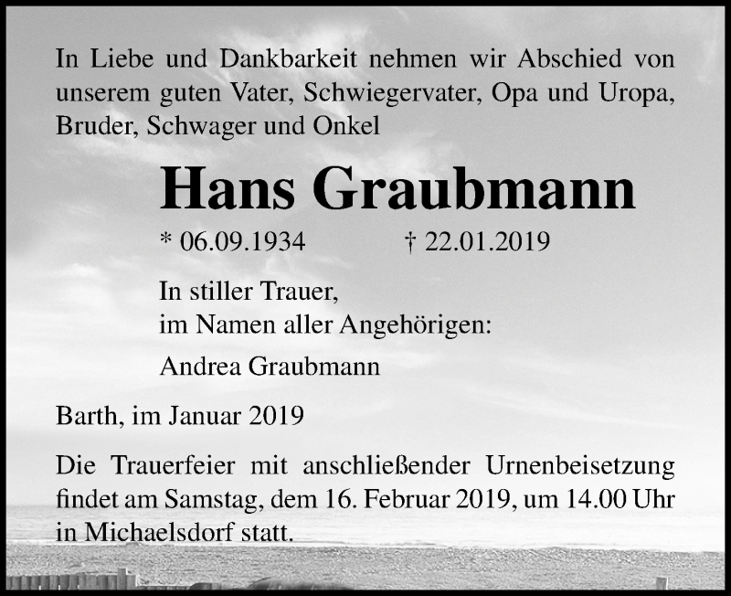  Traueranzeige für Hans Graubmann vom 26.01.2019 aus Ostsee-Zeitung GmbH