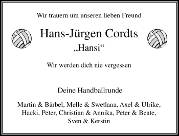 Traueranzeige von Hans-Jürgen Cordts von Lübecker Nachrichten