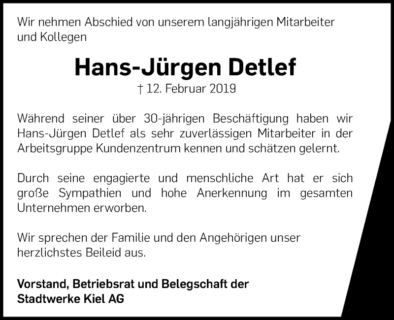  Traueranzeige für Hans-Jürgen Detlef vom 16.02.2019 aus Kieler Nachrichten