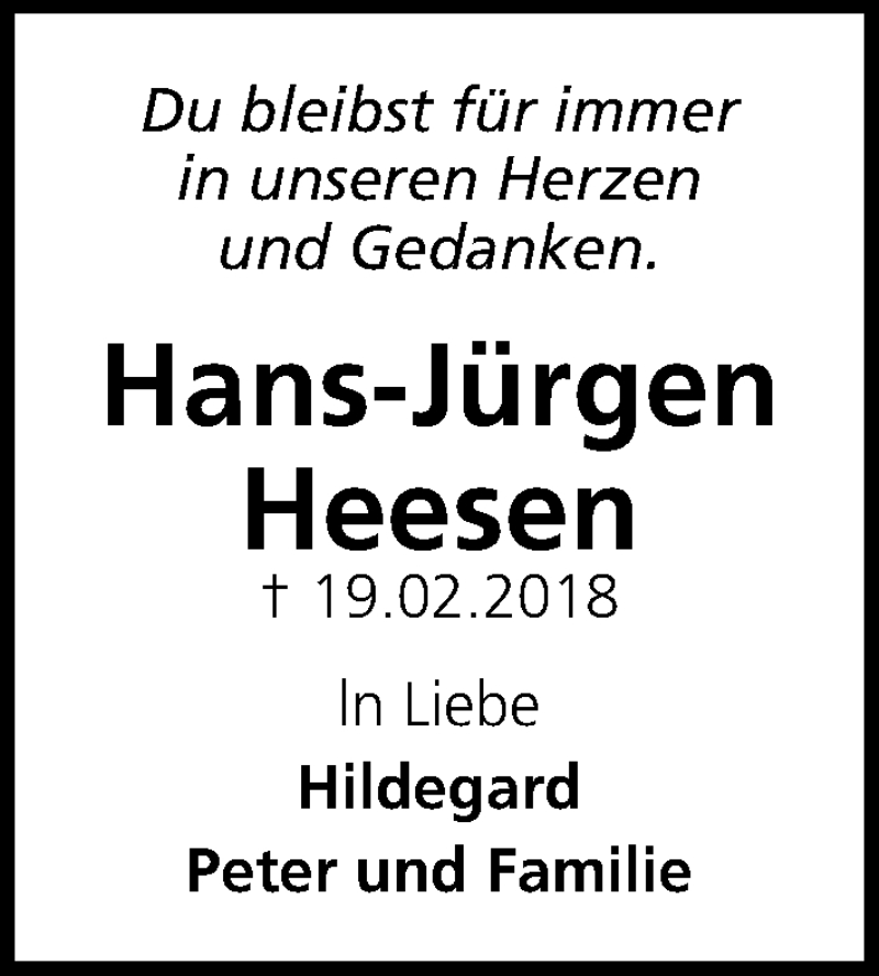  Traueranzeige für Hans-Jürgen Heesen vom 19.02.2019 aus Hannoversche Allgemeine Zeitung/Neue Presse