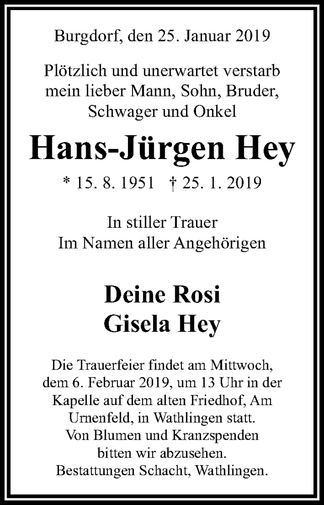  Traueranzeige für Hans-Jürgen Hey vom 02.02.2019 aus Hannoversche Allgemeine Zeitung/Neue Presse