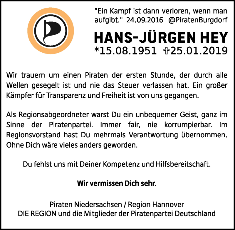  Traueranzeige für Hans-Jürgen Hey vom 04.02.2019 aus Hannoversche Allgemeine Zeitung/Neue Presse
