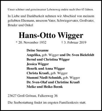 Traueranzeige von Hans-Otto Wigger von Lübecker Nachrichten