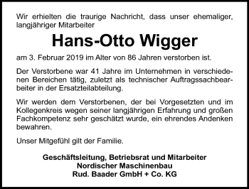 Traueranzeige von Hans-Otto Wigger von Lübecker Nachrichten
