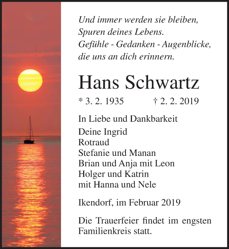  Traueranzeige für Hans Schwartz vom 09.02.2019 aus Ostsee-Zeitung GmbH