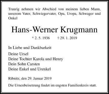 Traueranzeige von Hans-Werner Krugmann von Ostsee-Zeitung GmbH