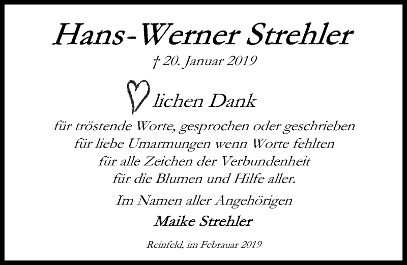  Traueranzeige für Hans-Werner Strehler vom 06.02.2019 aus Lübecker Nachrichten