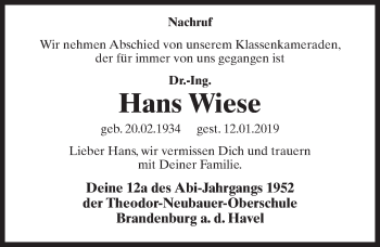 Traueranzeige von Hans Wiese von Märkischen Allgemeine Zeitung