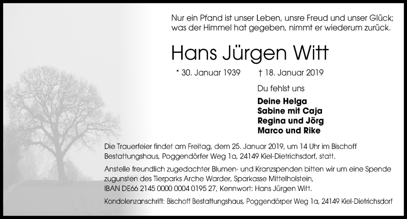  Traueranzeige für Hans Jürgen Witt vom 23.01.2019 aus Kieler Nachrichten