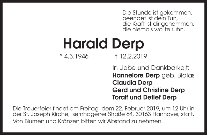  Traueranzeige für Harald Derp vom 16.02.2019 aus Hannoversche Allgemeine Zeitung/Neue Presse