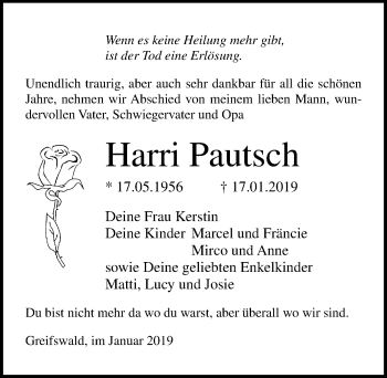 Traueranzeige von Harri Pautsch von Ostsee-Zeitung GmbH