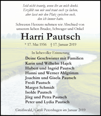 Traueranzeige von Harri Pautsch von Ostsee-Zeitung GmbH