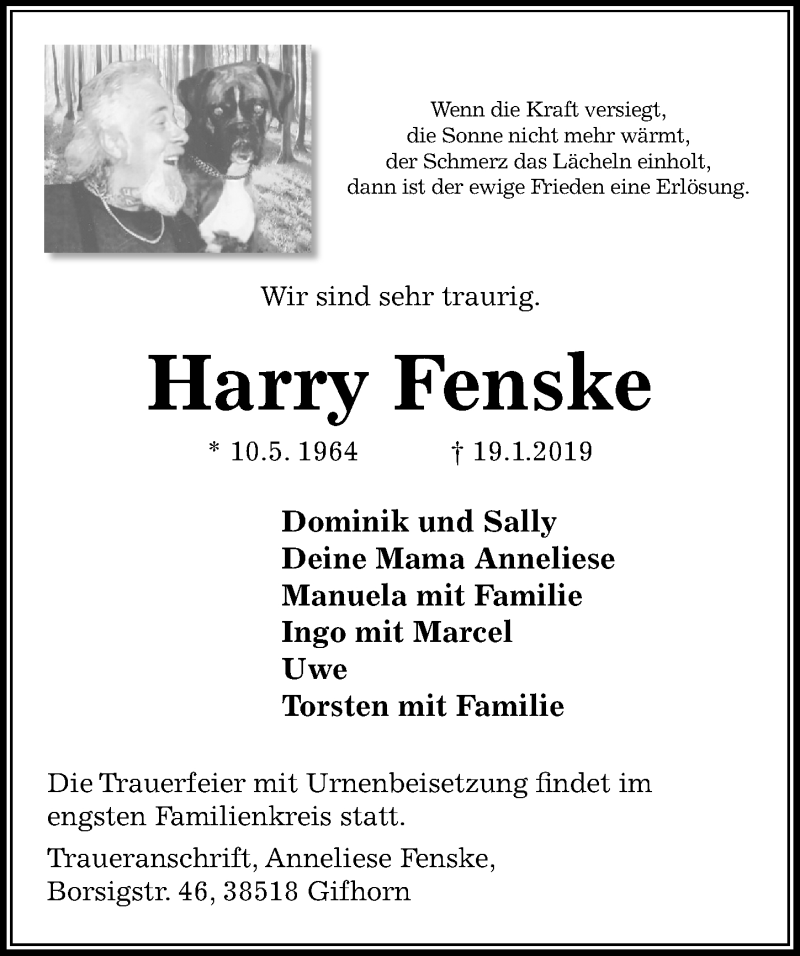  Traueranzeige für Harry Fenske vom 30.01.2019 aus Aller Zeitung