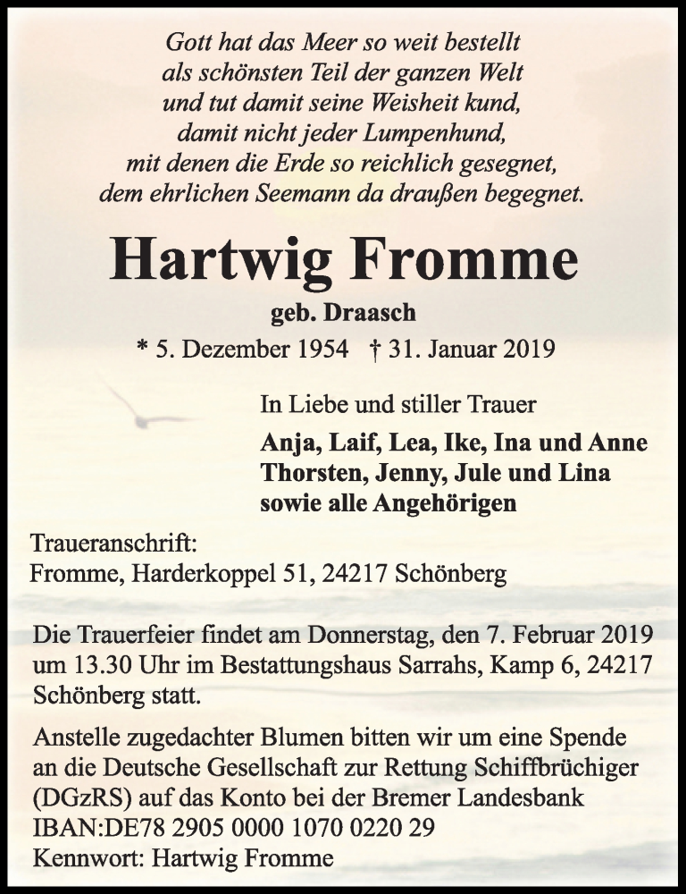  Traueranzeige für Hartwig Fromme vom 02.02.2019 aus Kieler Nachrichten