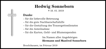 Traueranzeige von Hedwig Sonneborn 