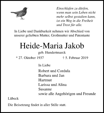 Traueranzeige von Heide-Maria Jakob von Lübecker Nachrichten