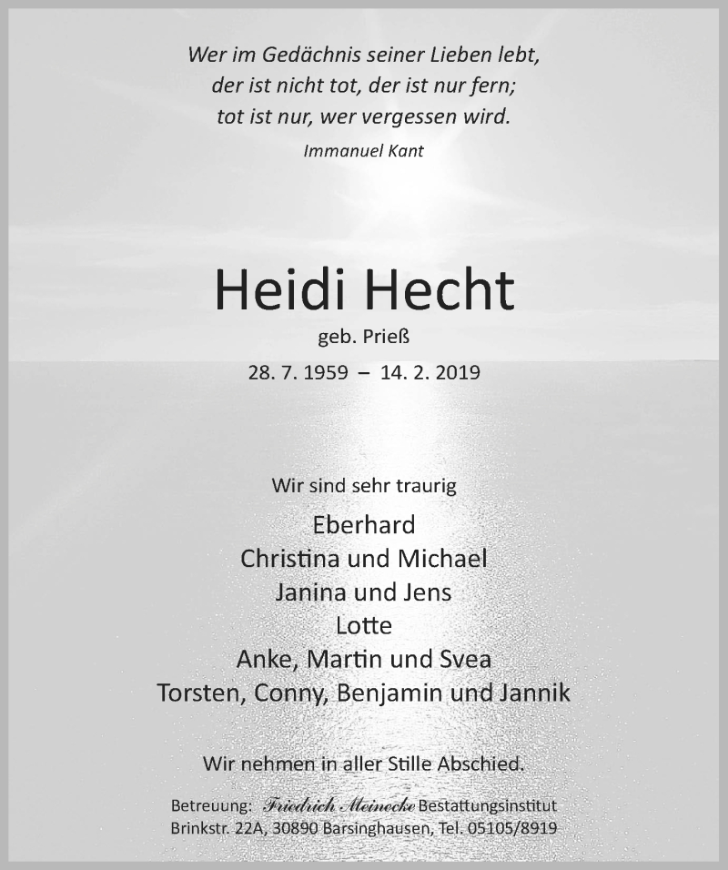  Traueranzeige für Heidi Hecht vom 16.02.2019 aus Hannoversche Allgemeine Zeitung/Neue Presse