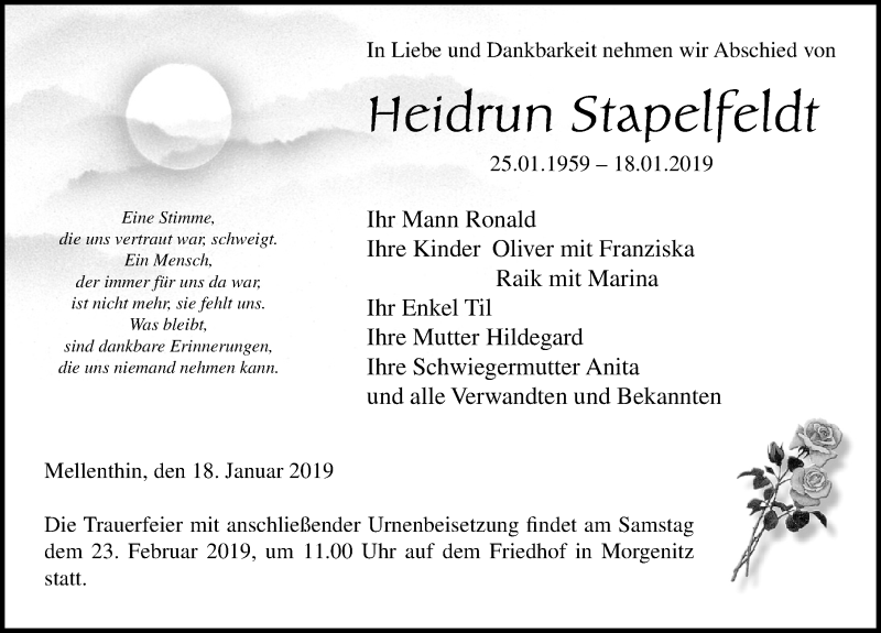  Traueranzeige für Heidrun Stapelfeldt vom 26.01.2019 aus Ostsee-Zeitung GmbH
