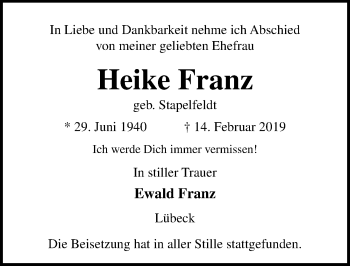 Traueranzeige von Heike Franz von Lübecker Nachrichten