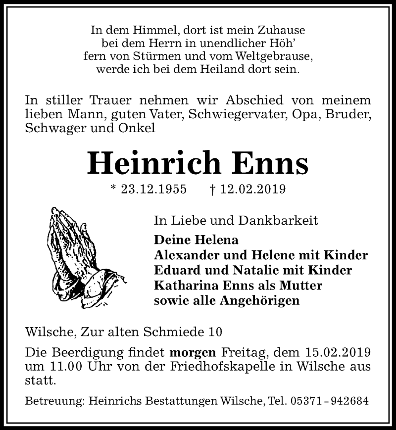  Traueranzeige für Heinrich Enns vom 14.02.2019 aus Aller Zeitung