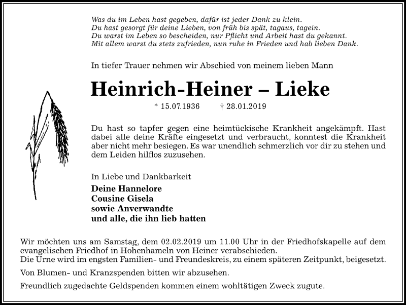  Traueranzeige für Heinrich Lieke vom 30.01.2019 aus Peiner Allgemeine Zeitung