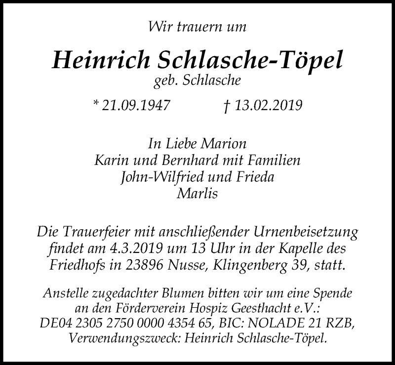  Traueranzeige für Heinrich Schlasche-Töpel vom 23.02.2019 aus Lübecker Nachrichten