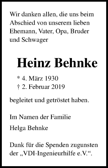 Traueranzeige von Heinz Behnke von Lübecker Nachrichten