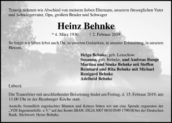 Traueranzeige von Heinz Behnke von Lübecker Nachrichten