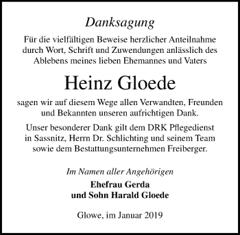 Traueranzeige von Heinz Gloede von Ostsee-Zeitung GmbH