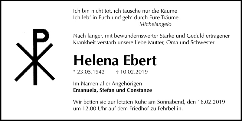  Traueranzeige für Helena Ebert vom 13.02.2019 aus Märkischen Allgemeine Zeitung